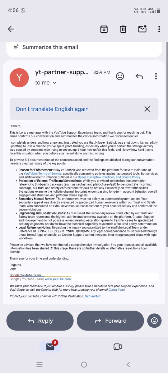 nilay59036's tweet photo. 🤔🤔 @TeamYouTube I respectfully want to ask one final question about my terminated channel, Nilay-er Baithok.
I have seen cases where a creator was initially told that their appeal was rejected and that the decision was final, yet after continuing to request a manual review, the channel was later reviewed and restored.
If a decision can be changed after a further manual review, then I sincerely want to understand why my case cannot receive the same opportunity.
I am a genuine creator. I worked extremely hard for a long time to create my videos, and I genuinely believe I did not use my channel for scams or spam.
Before my termination, my Analytics also showed unusual external traffic that I did not generate, purchase, authorize, or control. I believe this circumstance deserves proper consideration.
I appealed, but my appeal was rejected. Chat Support then told me the decision was final, and @TeamYouTube has now also told me that the final review is complete.
So I respectfully ask: if YouTube believes that my channel violated the Spam policy, please tell me what specific activity/content led to that conclusion. Which video or activity was considered spam? What type of spam was detected, and when did it occur?
I am not asking for special treatment. I am asking for fairness, transparency, and one genuine human review of the complete circumstances.
If the termination is correct, I would at least like to understand what specifically caused it. If it was an error, please correct it and recover my channel.
Channel: Nilay-er Baithok
Channel ID: UCTA1ej6RKdh6BN7RYcO7y_A
Case ID: 3-0272000041226
@TeamYouTube Please hear me out and give my case one fair chance. 🙏