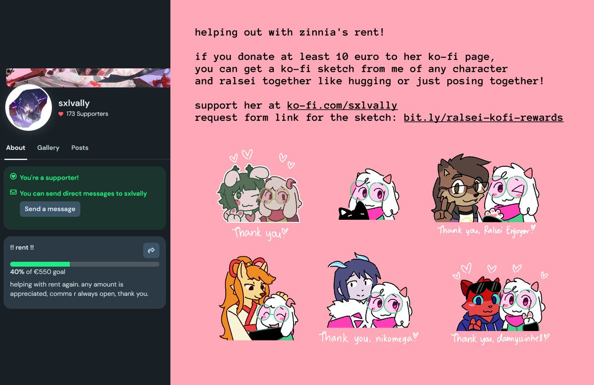 ralseihugs's tweet photo. hiiiiii please share if you're unable to contribute!! anything helps, 🔗 in replies! if you send at least 10 to her page you can get a drawing from me of ralsei and any character together https://t.co/URfT6zKqnZ