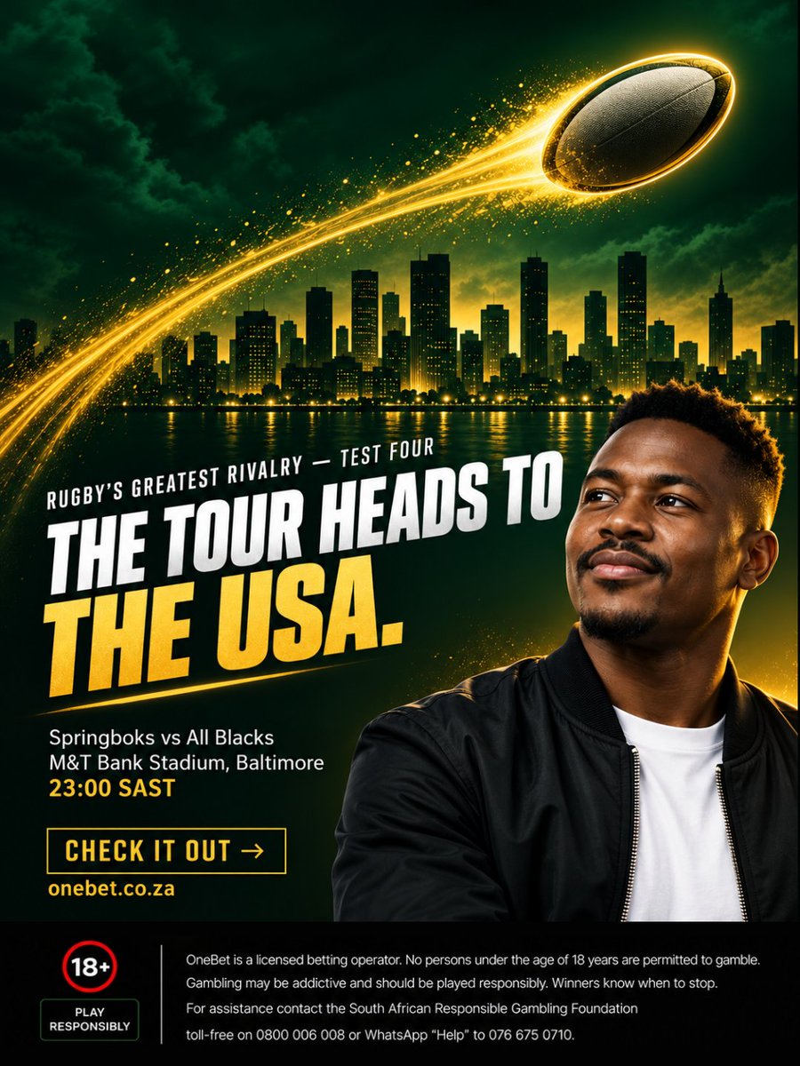 OneBet_SA's tweet photo. 🏉 THE TOUR HEADS TO THE USA

Test Four of Rugby's Greatest Rivalry crosses the Atlantic — Springboks vs All Blacks at M&T Bank Stadium, Baltimore, kickoff 23:00 SAST. 🌍

Never thought you'd catch a Boks Test at this hour?

👉 Check it out at https://t.co/bWa3RIYMGD

#OneBetSA #OneBet #Springboks #AllBlacks #RugbyChampionship #RugbysGreatestRivalry #Baltimore #SouthAfrica #PlayResponsibly

—

OneBet is a licensed betting operator. No persons under the age of 18 years are permitted to gamble. Gambling may be addictive and should be played responsibly. Winners know when to stop. For assistance, contact the South African Responsible Gambling Foundation toll-free on 0800 006 008 or WhatsApp "Help" to 076 675 0710.

Entertainment only • Play responsibly • 18+ • Licensed by the WCGRB.