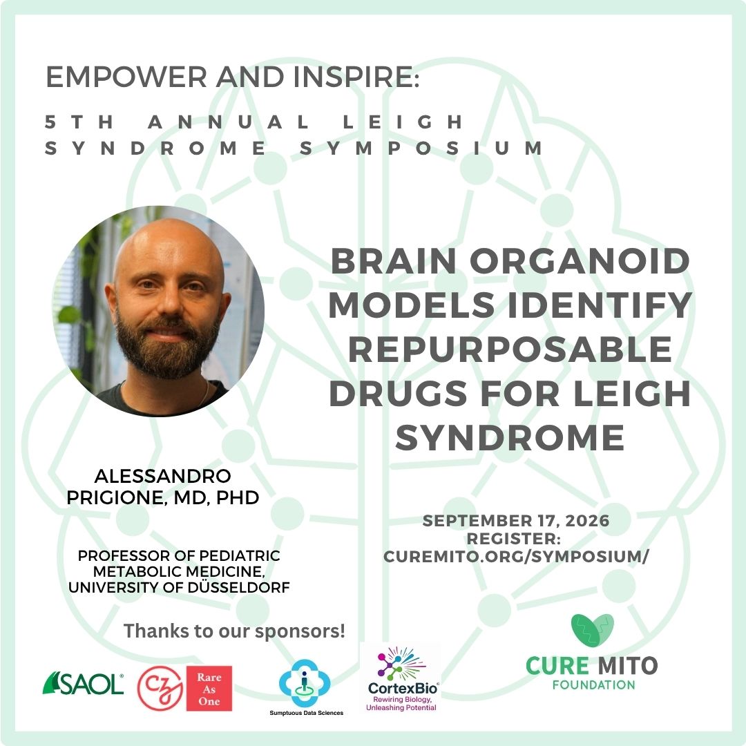 cure_mito's tweet photo. From brain organoids to potential treatments. 🔬 Hear from Alessandro Prigione, MD, PhD, about using brain organoid models to identify repurposable drugs for Leigh syndrome.

📅 September 17
Register: https://t.co/ZNUhLZmzNB

#LeighSyndrome #CureMito https://t.co/LAKCHSfvS4