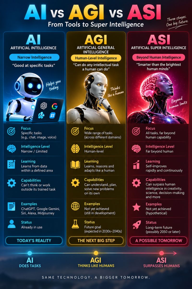 armaankhantech's tweet photo. Day 51 , AI is not the end goal. 👀

We're somewhere on this journey:

AI → AGI → ASI

🧠 AI: Does specific tasks
🤖 AGI: Thinks/reasons across many tasks
🚀 ASI: Potentially surpasses human intelligence
AGI hasn't been achieved.
ASI is still hypothetical. https://t.co/V28YtqDU2n