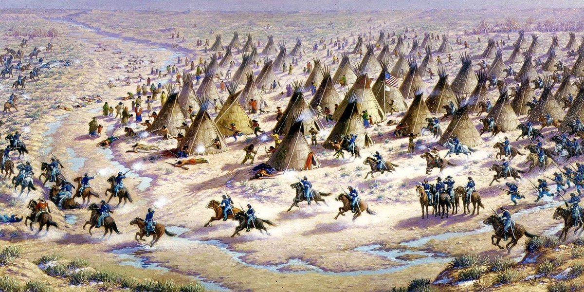 brettachapman's tweet photo. White Army soldiers back in 1864 rode up on 500 Cheyenne and Arapaho civilians who thought they were under US government protection due to a recent treaty. Instead, those troops murdered over 200 innocent people at the Sand Creek Massacre. This should be in every US history book! https://t.co/HjBpNrQU1P