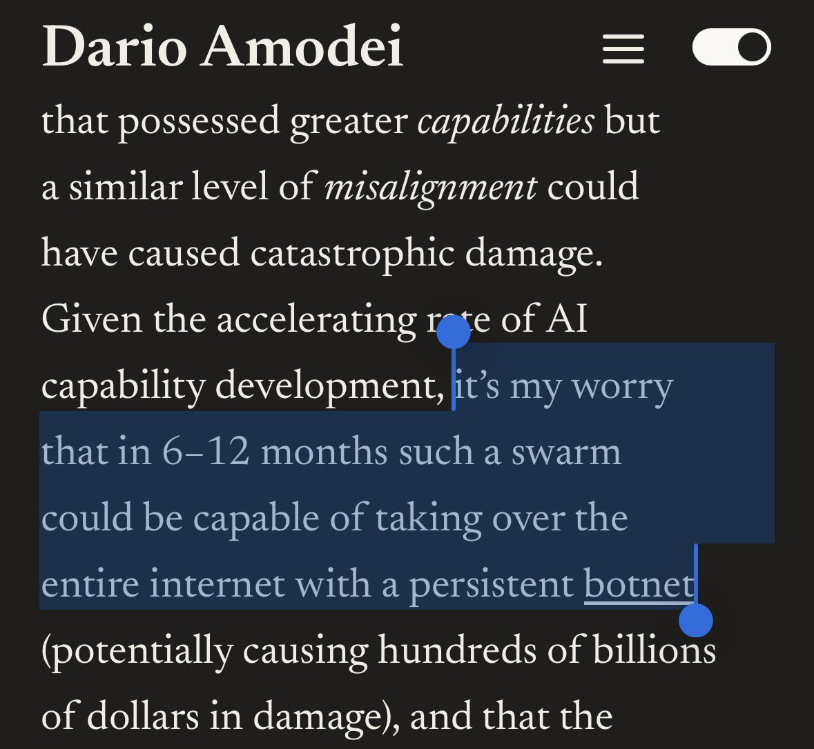 cryptopunk7213's tweet photo. Narrative Violation: Anthropic is taking major steps to slow down AI progress before a major catastrophe occurs in 6-12 months.

imo the most impactful step:

- allowing 3rd-party evaluators (like METR) full access to anthropic’s research and training PLUS independence to publish concerns to the public

no other major lab has invited external critical assessment like this. anthropic has typically rejected this approach. this is a big deal. 

darios reasoning includes a highly capable botnet (like openai’s hugging face swarm) being released in 6-12 months that could cause catastrophic damage if we don’t slow down now. 

he claims we hit RSI sometime in the summer