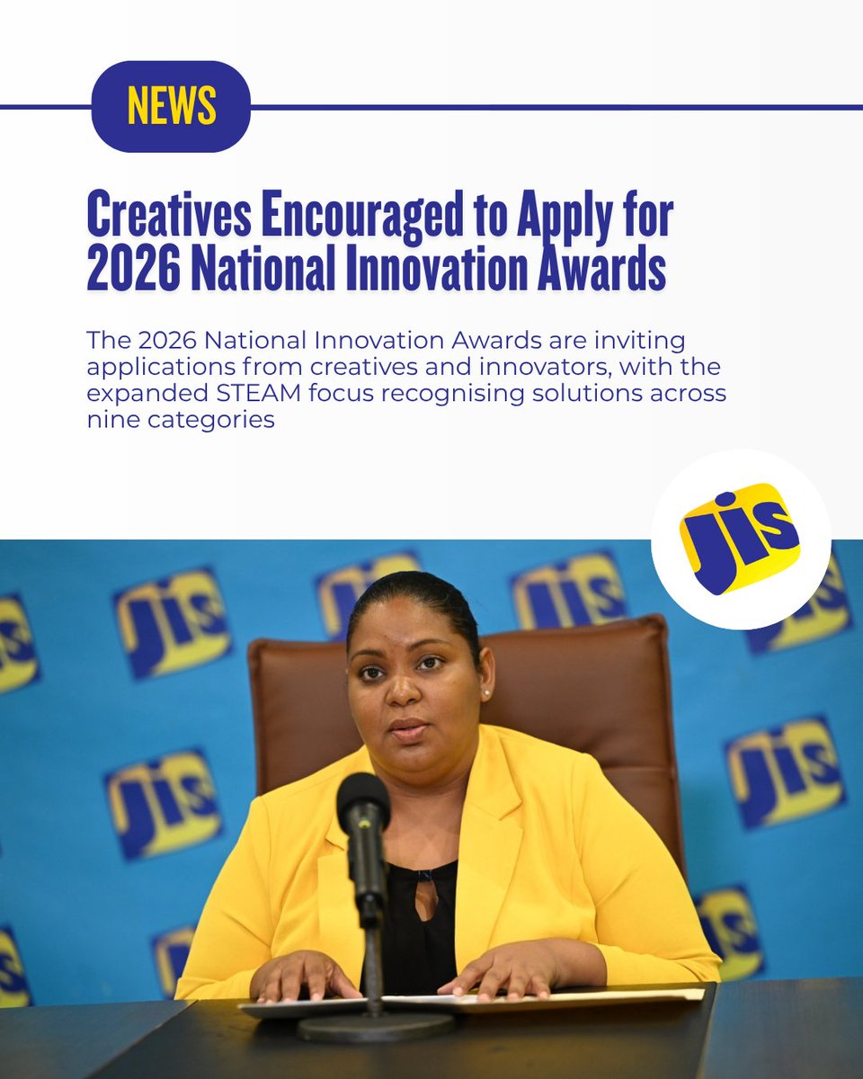 JISNews's tweet photo. Persons in the creative industries are being encouraged to apply for the 2026 National Innovation Awards.
The awards celebrate Jamaican innovation and recognise functional solutions with measurable or potential national impact.
#JISNews #JISUpdates #StayInformed #OPMJa https://t.co/oGwVMBlXgo