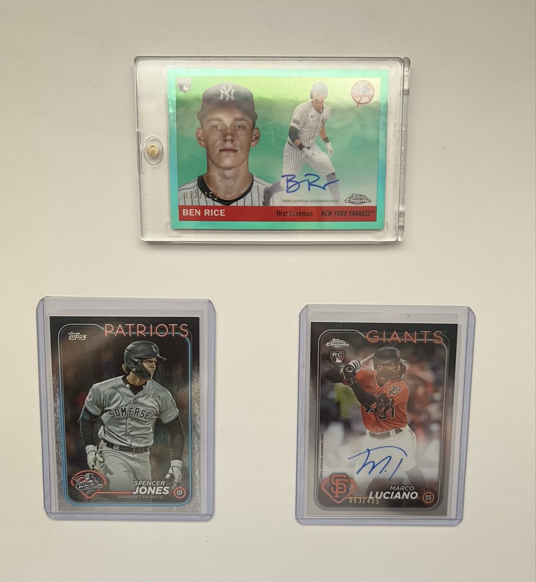 DeCalCards's tweet photo. @84baseballcards @GotdemCards @AiMCollectibles @sports_sell @DHCards10 Rice auto /150 $240 shipped 
Spencer jones /175 $8 pwe 
Luciano auto /499 $10 pwe https://t.co/rBgHtOcHy2