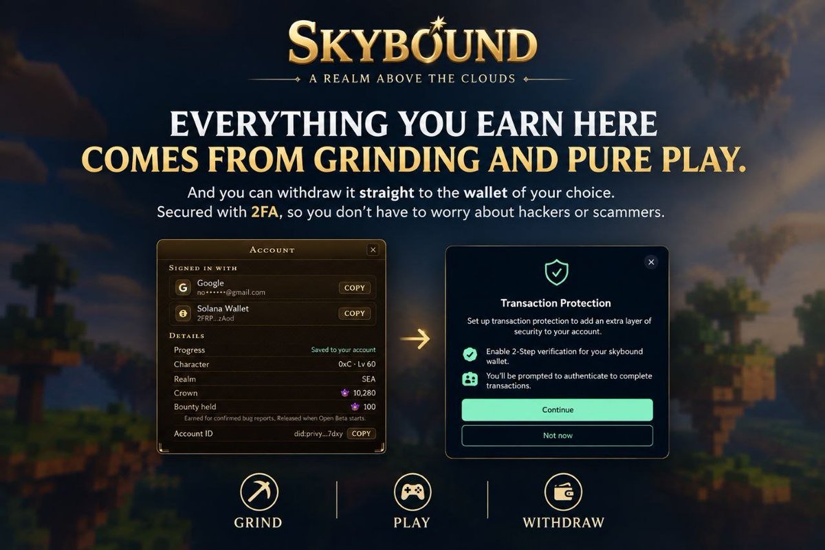 skyboundmmo's tweet photo. 📢ANNOUNCEMENT | EARN. PLAY. OWN.  

NEW FEATURE 👀🔥

Every reward in SKYBOUND is earned through grinding, dedication, and pure gameplay. ⚔️👑

From the moment you step into the realm, every quest completed.

every challenge conquered, and every milestone reached brings you closer to rewards that you can truly claim.  

💰 Earn through play. 
🎮Grind your way forward. 
👜Withdraw directly to the wallet of your choice. 
🛡️Protected with 2FA for an added layer of security.  

No shortcuts.  
No gimmicks.  
Just your progress, your achievements, and your rewards.  

The journey above the clouds is only getting started. ☁️⚔️

PLAY HARD. EARN FAIR. OWN YOUR REWARDS

#Skyboundmmo
https://t.co/VfiqqS0ek7
