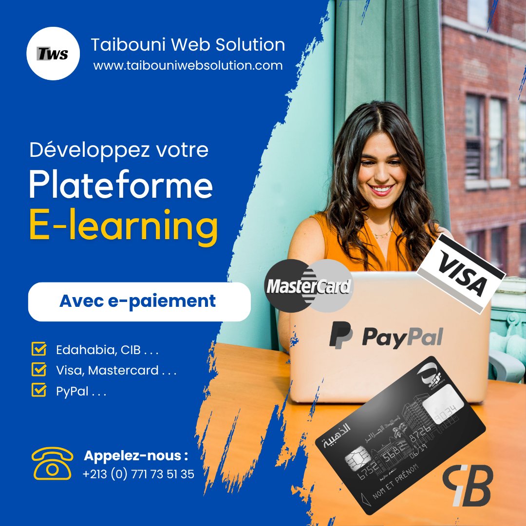 T_Web_Solution's tweet photo. Vous avez une école, ou vous êtes simplement un particulier qui souhaite démarrer une entreprise d'#apprentissage_en_ligne (#e_learning)! Nous développerons votre #plate_forme_elearning! La plate-forme est conviviale, riche en fonctionnalités et robuste.

#Taibouni_Web_Solution https://t.co/HrfA4F3vOo