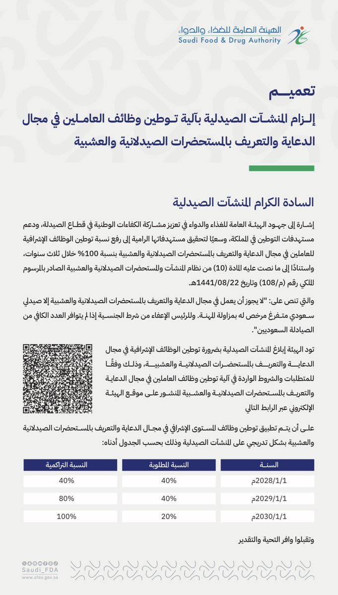 MuathSufyani's tweet photo. الصيدلي السعودي أولاً  

قرار جميل ومهم من @Saudi_FDA برفع توطين الوظائف الإشرافية في مجال الدعاية والتعريف بالمستحضرات الصيدلانية والعشبية إلى 100%.

ومن وجهة نظري، أتمنى لو يتم تسريع التطبيق ويكتمل خلال السنتين القادمة بدل الانتظار إلى 2030. الصيدلي السعودي اليوم قادر علميًا وعمليًا، ويتعلم ويتطور بسرعة، وعندنا كفاءات تستحق الفرصة والتمكين من الآن.

ومن المسميات المتداولة في شركات الأدوية التي قد تدخل في نطاق القرار بحسب مهامها الفعلية:

مندوب طبي (Medical Representative)، مندوب مبيعات دوائية (Pharmaceutical Sales Representative)، أخصائي منتجات (Product Specialist)، أخصائي منتجات أول (Senior Product Specialist)، أخصائي منطقة علاجية (Therapeutic Area Specialist)، أخصائي حسابات رئيسية (Key Account Specialist)، مدير حسابات رئيسية (Key Account Manager)، مسؤول ارتباط العلوم الطبية (Medical Science Liaison - MSL)، مسؤول ارتباط علوم طبية أول (Senior MSL)، مستشار طبي (Medical Advisor)، مدير طبي (Medical Manager)، مدير الشؤون الطبية (Medical Affairs Manager)، قائد/مدير طبي ميداني (Field Medical Lead/Manager)، مدير منطقة مبيعات (District Sales Manager)، مدير منطقة/قطاع (Area Sales Manager)، مدير مبيعات إقليمي (Regional Sales Manager)، مدير مبيعات وطني (National Sales Manager)، مدير المبيعات (Sales Manager)، مدير وحدة أعمال (Business Unit Manager)، مدير/قائد منطقة علاجية (Therapeutic Area Manager/Lead)، مدير منتجات (Product Manager)، مدير علامة تجارية (Brand Manager)، مدير الوصول للسوق (Market Access Manager)، مدير الحسابات الاستراتيجية (Strategic Accounts Manager)، وما يماثلها من مسميات متى كانت المهام الحقيقية داخلة في الدعاية أو التعريف العلمي أو الإشراف عليها. 

والنقطة الأهم بالنسبة لي: أتمنى أن تكون الرقابة على المهام الفعلية والوصف الوظيفي والهيكل التنظيمي وليس الاسم المكتوب على البطاقة فقط. فلا يصير تغيير “Medical Representative” إلى “Specialist”، أو “Sales Manager” إلى “Lead/Head”، أو نقل الموظف ورقيًا إلى مسمى آخر بينما يمارس نفس العمل، وسيلة للالتفاف على مستهدفات التوطين.

سائلًا الله عز وجل أن يجزي الهيئة العامة للغذاء والدواء كل خير على هذه الخطوة، وأن يوفق شباب وبنات الوطن، ويكتب لهم التمكين والتوفيق والسداد. الكفاءات السعودية قادرة، والميدان هو الإثبات.