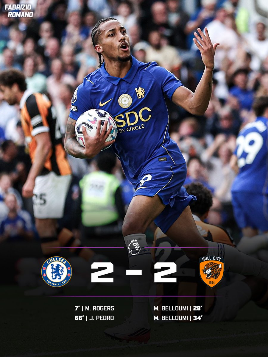 FabrizioRomano's tweet photo. 🚨 Hull City remain unbeaten after 4 PL games as points are shared with Chelsea!

João Pedro and Rogers delivering again, brace for Belloumi.

Who’s been your Man of the Match? https://t.co/8ybgOs2Fpm