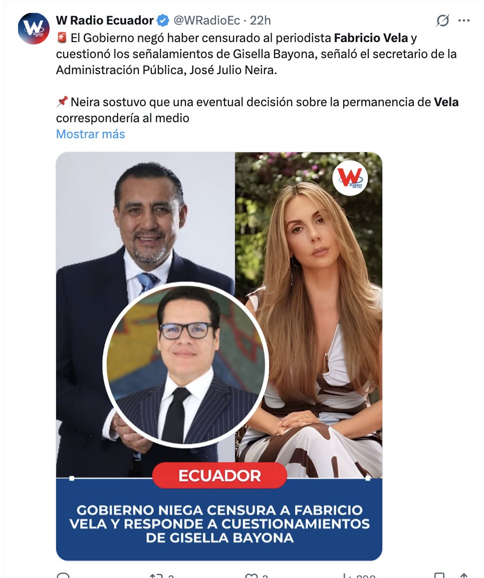 fabriciovelav's tweet photo. Francamente me impresiona la forma como aquí se interpretan las cosas a conveniencia, porque no escucharon la declaración del Secretario de la Administración y, por supuesto, tampoco entendieron las razones que expuse sobre mi salida de RTU.

Por última vez, vamos de nuevo ⬇️

⏹️ Jamás denuncié que el Gobierno me censuró. Claramente expliqué que el canal intentó censurar la difusión de una entrevista ya efectuada, producida, anunciada y que estaba lista para salir al aire. 

⏹️ Conté que el argumento del canal era, en palabras sencillas, que no quería tener problemas con el Gobierno. A los directivos frontalmente les dije que eso era inaceptable y les manifesté mi extrañeza por la justificación e incomodidad con esta situación.

⏹️ Luego de una tarde de incertidumbre y tras insistir, la entrevista finalmente salió al aire a la hora y día previstos; pero dos días después desde la gerencia del canal me enviaron un mensaje informando que el Gobierno les había suspendido toda publicidad proveniente de instituciones del Estado y que eso suponía un duro golpe económico para la empresa.

⏹️ Ante lo descrito, estaba claro que no había condiciones para seguir, y elegí renunciar a RTU.
El canal no me despidió ni tampoco el Gobierno presionó para que me saquen a mí o cerrar el programa. Fue una decisión MÍA, absolutamente personal y autónoma.

⏹️ El relato del canal es que el Gobierno le suspendió la publicidad luego de la entrevista, algo que (lo he dicho públicamente) no me consta y no puedo confirmar. Hice pública la versión del canal que, reitero, considero inaceptable, y que el propio Gobierno ha desmentido.

⏹️ Todo esto lo expliqué en mi comentario del viernes 4 de septiembre en el noticiero A Primera Hora;
https://t.co/7o4VDNC7O2

Y lo sostuve en las entrevistas posteriores que gentilmente me hicieron los colegas Andersson Boscán y Álvaro Espinosa en sus respectivos espacios.
https://t.co/1bevE4smSl
https://t.co/ol1o24gXV4

Ni más ni menos. 

Cualquier otra cosa que se diga es mera especulación y hasta mala fe.

Entiendo que hay medios y plataformas que utilizan erróneamente ciertos términos, como "Gobierno niega censura a Fabricio Vela", pero también es claro que hay espacios destinados a desacreditar y dañar.

A esa gente, que me ha dedicado publicaciones y videos descalificándome y hasta mutilando mis comentarios, ni la salutación.

Y lamento decepcionarlos: yo sigo con mi noticiero en radio Armónica y mi plataforma Primera Plana 😉