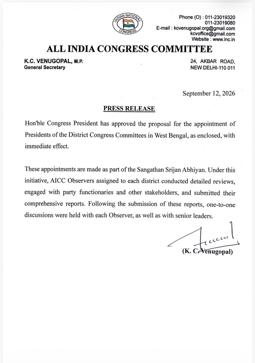 ravi27kant's tweet photo. West Bengal Congress District President list ..
#SangthanSrijan https://t.co/ZCZH24r0HJ