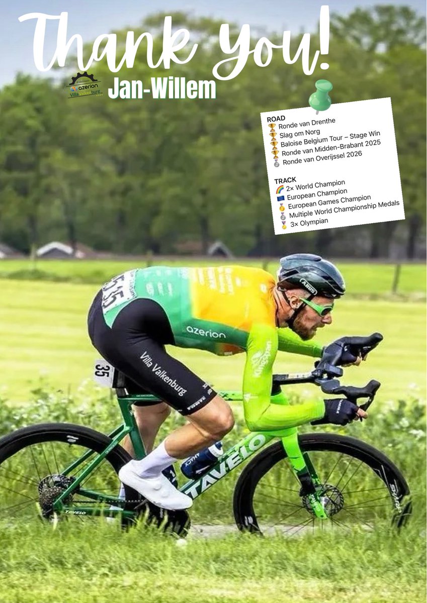 AzerionVillaVal's tweet photo. After four years together, it’s time to say goodbye to Jan-Willem. 

Jan-Willem has decided to step away from cycling, bringing an impressive career on both the road and track to an end.

We want to thank Jan-Willem for everything he has brought!🔥

#AzerionVillaValkenburg https://t.co/eXkQSDlpMO