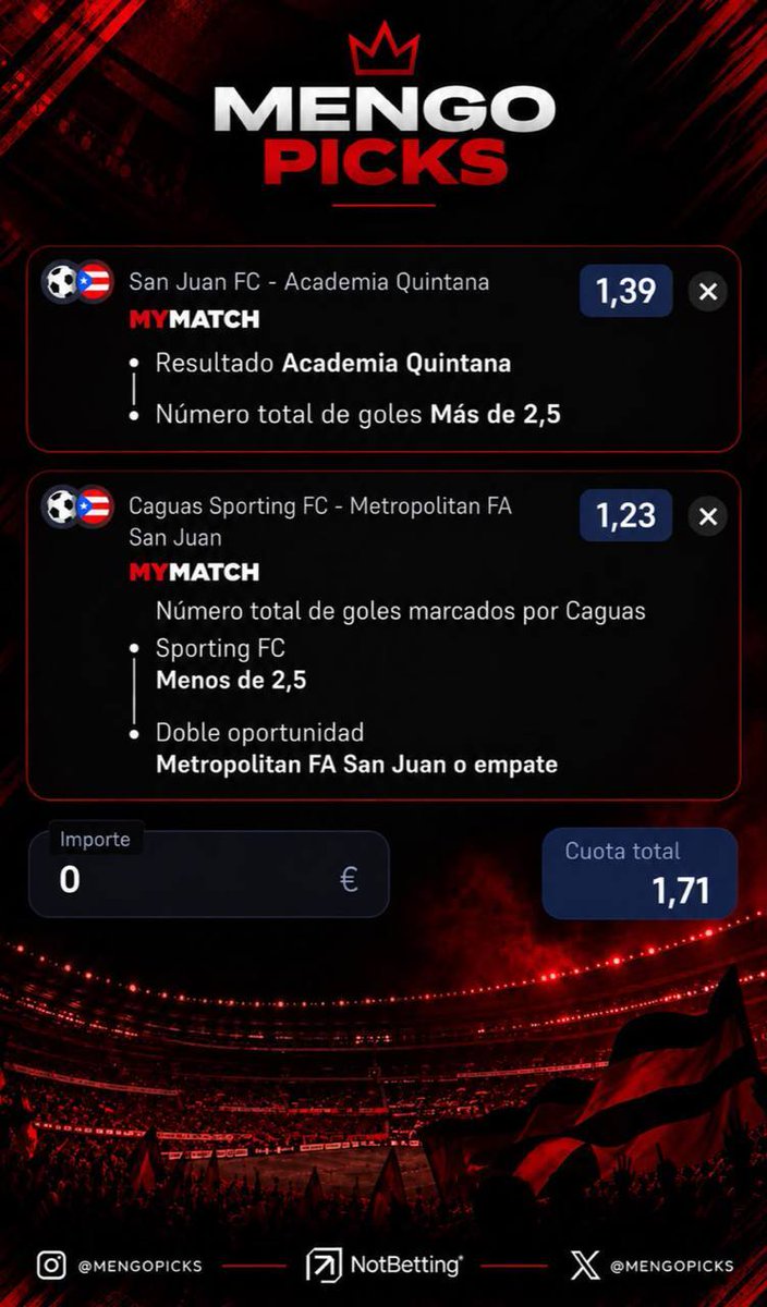 NotBettingX's tweet photo. 🚨 PICK DE MENGOPICKS

Vamos con una combinación a cuota @ 1.71:

✅ Quintana y Over 2.5 goles
✅ Metro o empate y Under 2,5 goles Caguas

🎯 Cuota @ 1.71
🏦 Bookie: Winamax

🍀 ¡A por el verde! https://t.co/WBWJzxMeIM