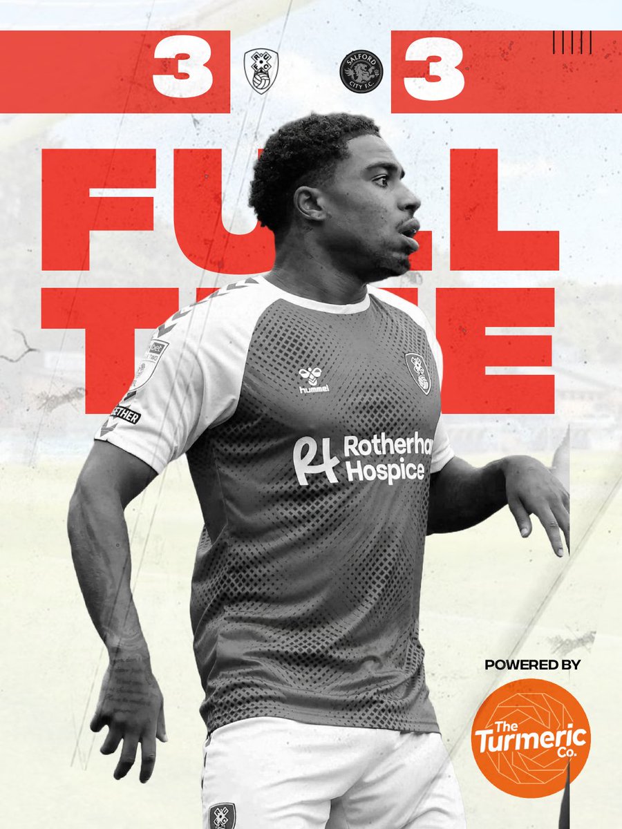 RotherhamUnited's tweet photo. An entertaining outing ends all square. 

🔴 3-3 🔵 [FT']

Powered by @TheTurmericCo. 🌱

#RUFC https://t.co/ggXF058f3R