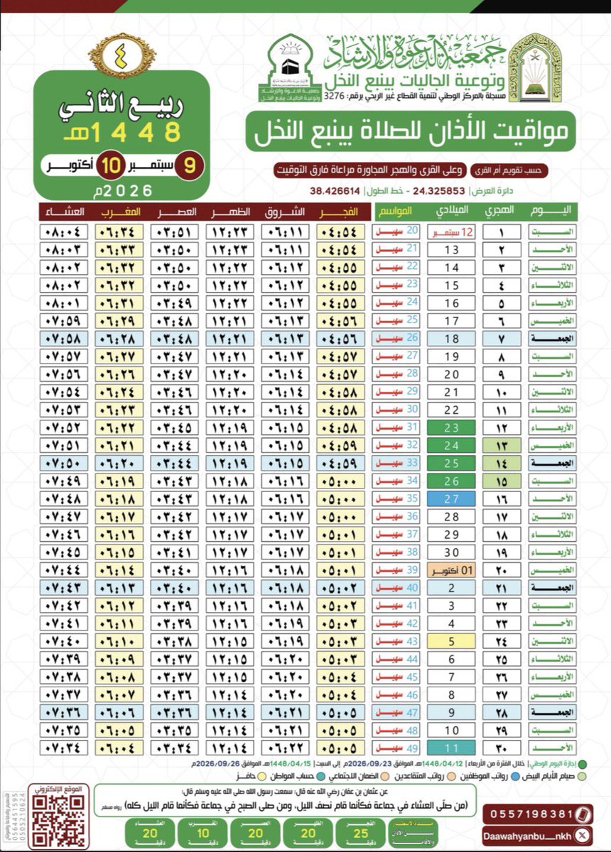abdulrahmanYnb's tweet photo. أوقات الصلاة في #ينبع لشهر ربيع الثاني 1448هـ. https://t.co/mUhFPhYxpn