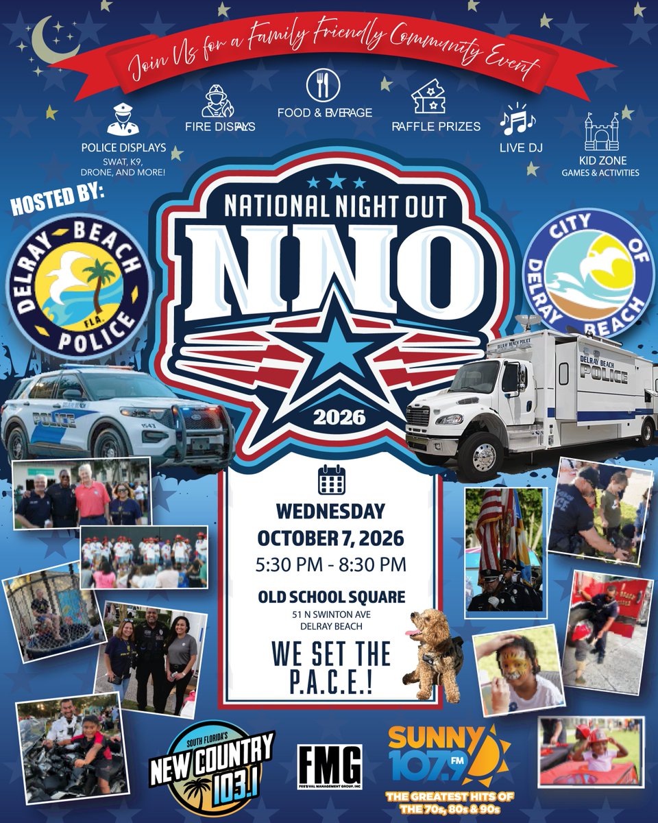 National Night Out 2026 event poster with police vehicles, community photos, and details for October 7 at Old School Square, Delray Beach.