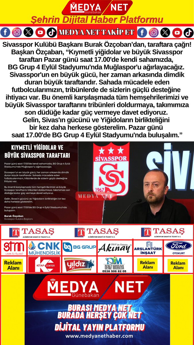 gunebakanhakan's tweet photo. Sivasspor Kulübü Başkanı Burak Özçoban'dan Taraftara Çağrı!

#sivasspor #sivas #futbol #medyanet #maç https://t.co/xG8GOvp3Vk