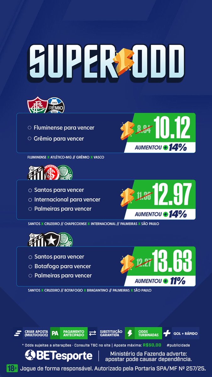 betesporte's tweet photo. SuperODDs do Brasileirão 🇧🇷

https://t.co/CJxbKovUeV

🔞 Ministério da Fazenda adverte: Apostar pode causar dependência. +18 https://t.co/tOjfBeDcj8