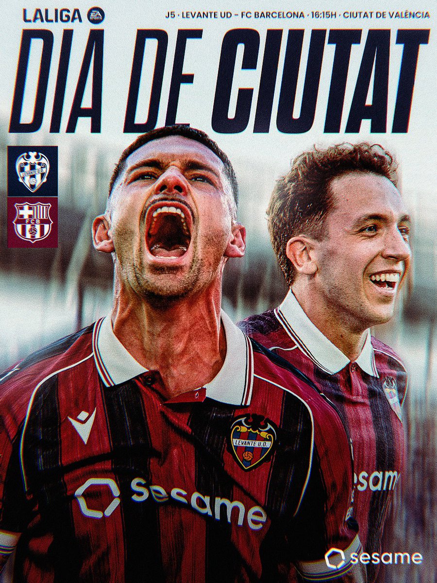 LevanteUD's tweet photo. ⚽️ DÍA DE CIUTAT:

🆚 @fcbarcelona 
📅 Domingo 13 de septiembre
🕒 16:15 horas
🏟️ Ciutat de València

#LevanteUDBarça https://t.co/9yw7lSS5by