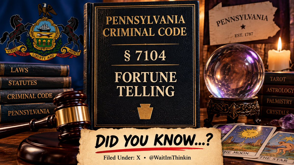 WaitImThinkin's tweet photo. Did you know...

Pennsylvania still has a law making fortune telling for money a misdemeanor?

18 Pa.C.S. § 7104 covers things like predicting someone's future through cards, palm reading or astrology.

But it goes even further...

It also includes claiming you can use spells or charms to give someone good luck, stop bad luck, find buried treasure, win someone's affection... or even put bad luck on a person or an animal. 😳

And this isn't an old law that disappeared a century ago. It's still in Pennsylvania's criminal code.

So now I'm curious...

Should fortune telling for money be illegal... or should adults be free to spend their money on it if they choose? 🤷🏻‍♀️

Filed Under: X