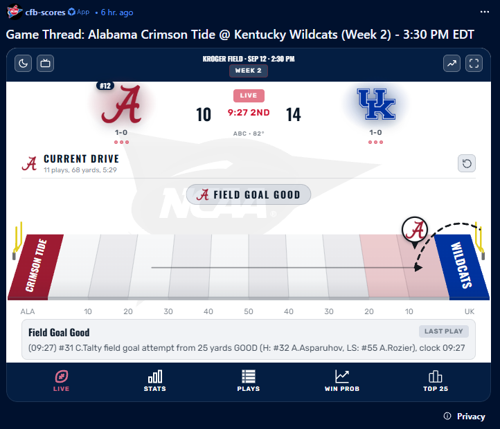 0x676f64's tweet photo. Every snap. Live. Inside the thread. 🏈

Animated field position, drive tracker, full box score, win probability, AP Top 25 — cfb-scores on Reddit.

Gameday, handled. Free.

#CFB #CollegeFootball #Gameday #CFBPlayoff

https://t.co/WZSZzm2bby https://t.co/rVeZeZ2Jq1