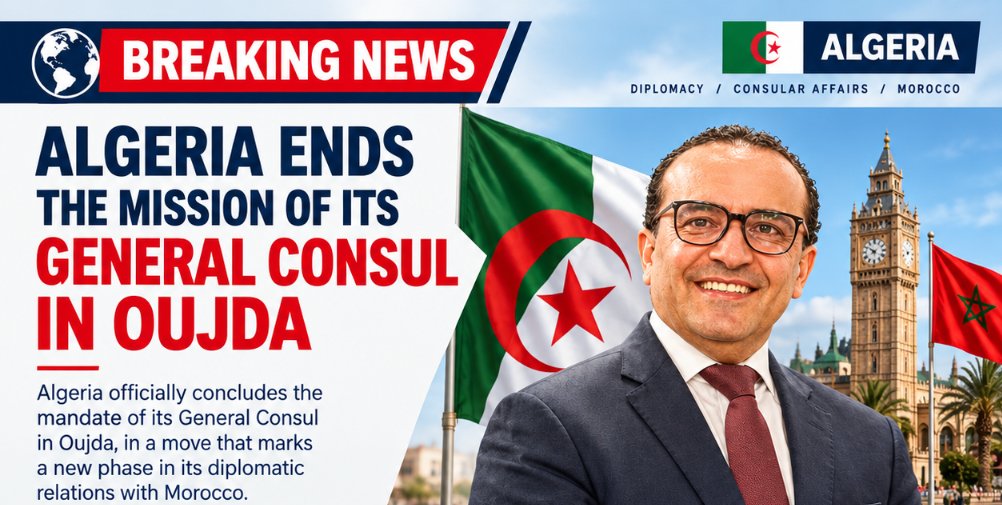 MasinissaDZ's tweet photo. JUST IN:🇩🇿Algeria announces ending the mission of its General Consul in Oujda, Morocco, Hichem Ferhaty, following a diplomatic movement announced by the Algerian presidency.
#BreakingNews #Algeria #Algerian #Tebboune #airspace #Oujda #Diplomacy #NorthAfrica #UAE #Israel #Morocco https://t.co/VQbCgZqkVu