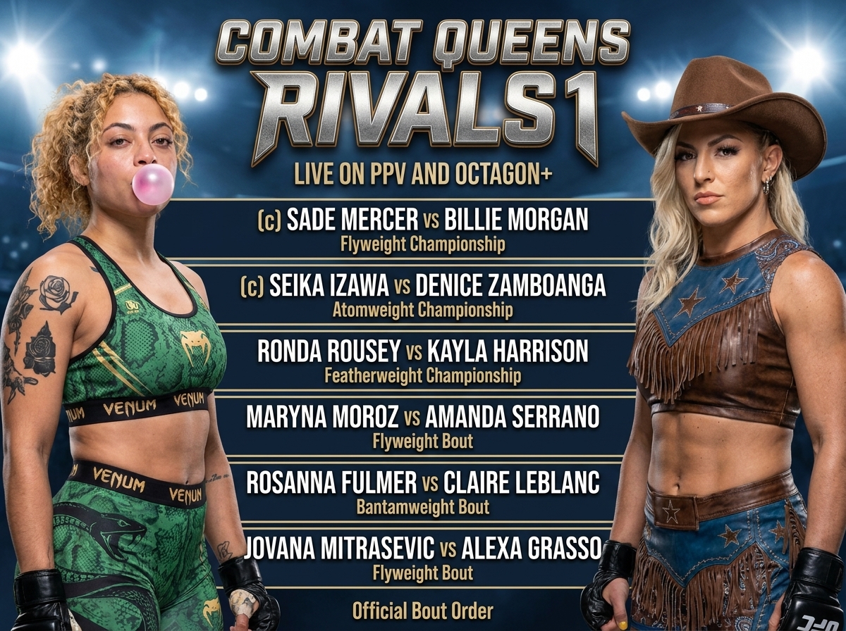 TK0Combat's tweet photo. Combat Queens Rivals 1: Mercer vs Morgan is officially a SELLOUT. Tickets sold out in 5 minutes, another record breaking gate, and attendance of over 85,000 already set! 

Here's the full card! https://t.co/mxinZBljef