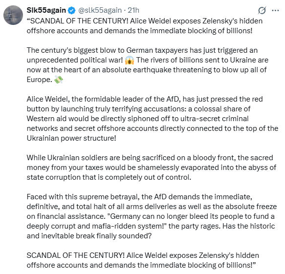 aaaPavlov777's tweet photo. Did you see the latest, today?  Apparently, Zelensky's off shore accounts were found out and they issued a warrant to seize the funds.  Hurray, hurray, call out the brass band, and let's have some fireworks, to celebrate.
    Wouldn't that be a hoot if, after they sort out where the money came from, they issued checks to the Citizens of those countries; as opposed to the governments.  That would go a long way to fix the TDS in Canada, and a great way to shove it in Carney's face.
