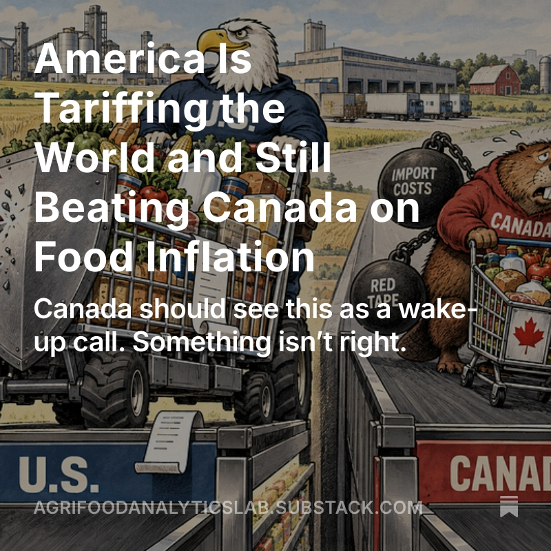FoodProfessor's tweet photo. The United States is imposing tariffs on much of the world, disrupting supply chains and inviting retaliation from its trading partners. 

Yet American food inflation remains lower than Canada’s. Why? https://t.co/r9cC5rHm4E