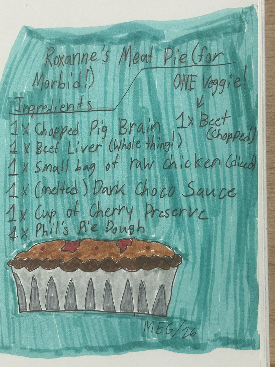 VioletHat49191's tweet photo. Another Drabble of Morbid! To curb Morbid’s appetite, Roxanne did some research and created a meat pie that helps address all key components and made it to her cravings 🥩🥧
#Symbiote #symbioteoc #marvel #art #traditionalart #SpiderVerse #BTSV #colorpencils #fanart #oc https://t.co/gdT8mplaTX