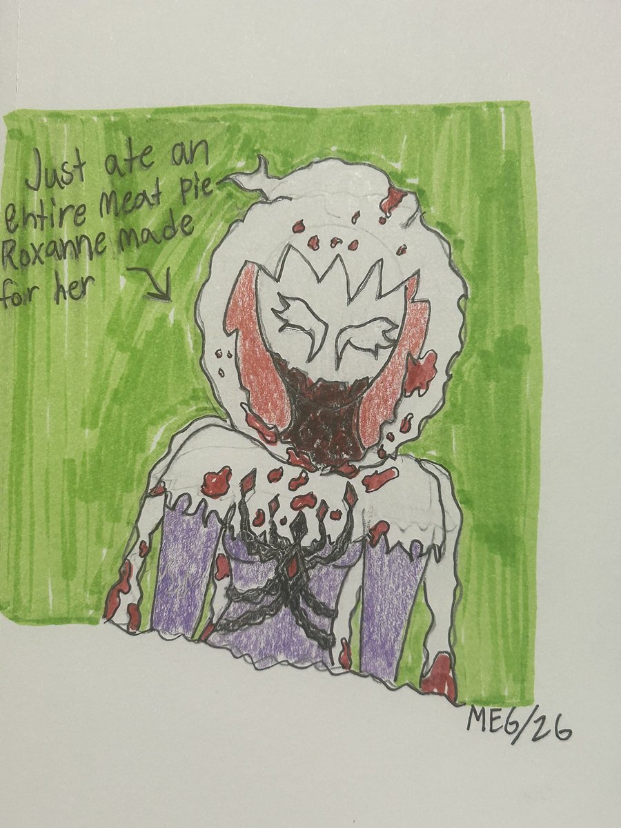 VioletHat49191's tweet photo. Another Drabble of Morbid! To curb Morbid’s appetite, Roxanne did some research and created a meat pie that helps address all key components and made it to her cravings 🥩🥧
#Symbiote #symbioteoc #marvel #art #traditionalart #SpiderVerse #BTSV #colorpencils #fanart #oc https://t.co/gdT8mplaTX