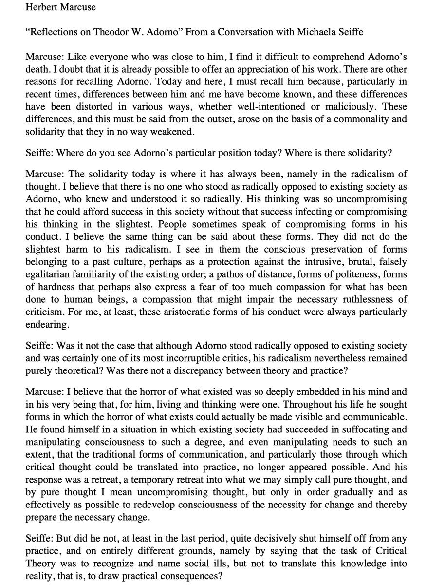 materialcritic's tweet photo. Shortly after Adorno died of a heart attack on August 6, 1969, Herbert Marcuse gave the following interview on German radio in Frankfurt. https://t.co/bo1wVPhojG