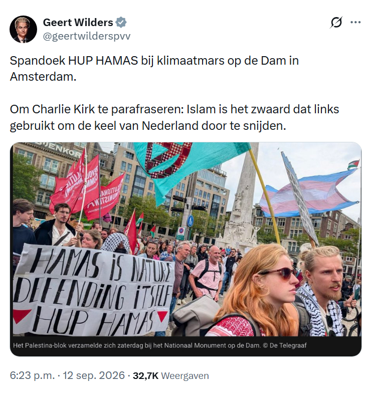 eenblikopdenos's tweet photo. Tijdens de #klimaatmars die vandaag in Amsterdam plaatsvond werd een "Hup Hamas"-spandoek getoond, blijkt uit een artikel van De Telegraaf (zie 3/6). De @NOS heeft dat spandoek blijkbaar gemist. Of zou de  "neutrale taakomroep" daaraan geen aandacht willen besteden? 🤔 1/6 #Hamas https://t.co/W0EzSSSeXW