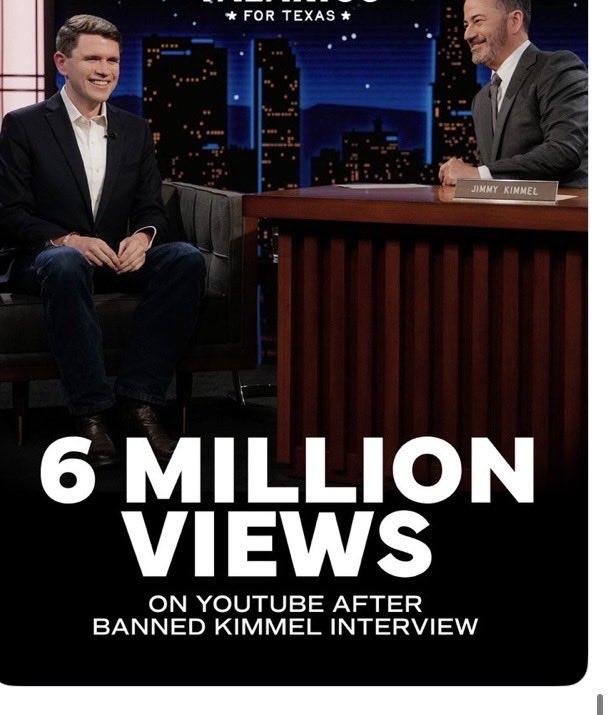 Suzierizzo1's tweet photo. This is what happens when a interview is banned like ABC did with the Jimmy Kimmel James Talarico interview. It just makes people want to watch it even more than before so thanks YouTube for allowing us to watch it there instead. It had more views than Trump’s RNC speech at 2.5m. https://t.co/LxBHCWKiCW