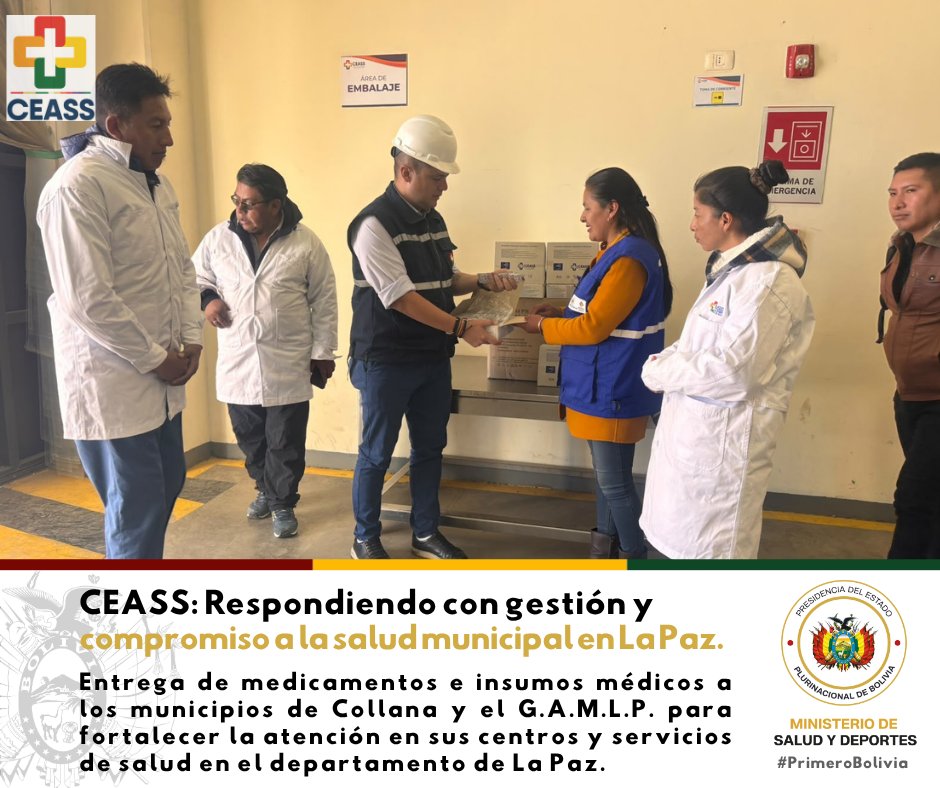 CeassBolivia's tweet photo. 𝐂𝐄𝐀𝐒𝐒 𝐅𝐎𝐑𝐓𝐀𝐋𝐄𝐂𝐄 𝐋𝐀 𝐒𝐀𝐋𝐔𝐃 𝐌𝐔𝐍𝐈𝐂𝐈𝐏𝐀𝐋 𝐂𝐎𝐍 𝐄𝐍𝐓𝐑𝐄𝐆𝐀 𝐃𝐄 𝐌𝐄𝐃𝐈𝐂𝐀𝐌𝐄𝐍𝐓𝐎𝐒 𝐄 𝐈𝐍𝐒𝐔𝐌𝐎𝐒 𝐌É𝐃𝐈𝐂𝐎𝐒
En respuesta a los requerimientos de Collana y G.A.M.L.P.  la CEASS realizó la entrega de medicamentos e insumos medicos. https://t.co/z4gc993lMD