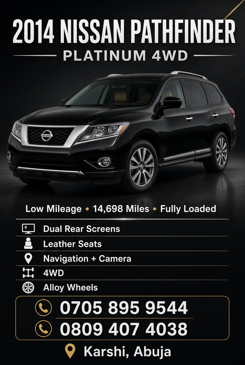 GodwinAkpanBas3's tweet photo. 2014 Nissan Pathfinder Platinum 4WD – For Sale
Price: ₦11,000,000
Black | Low Mileage | Fully Loaded | Karshi, Abuja
Clean, well-maintained 2014 Nissan Pathfinder Platinum 4WD in excellent condition. This is a premium full-size SUV with strong presence, comfortable ride, https://t.co/cK8g9elBDE