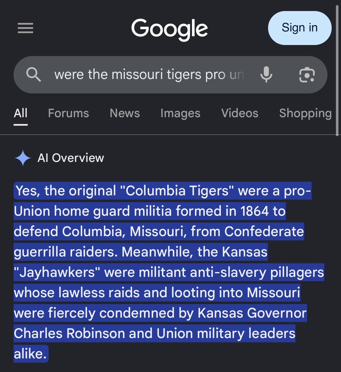 Adam640851's tweet photo. @JayhawkFocus Iconic* not ironic. Keep finding ways to cope with getting your ass beat. The pro-union Missouri Tiger’s whooped the union-condemned jayhawks once again https://t.co/8RMPzHsCNa