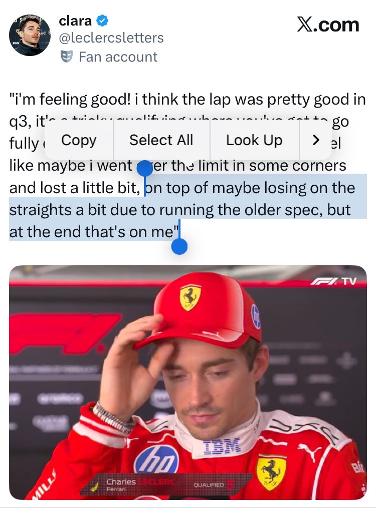 nad16cl's tweet photo. lmao ted kravitz on sky sports being the ultimate source is killing me. fred already said CHARLES had the engine disadvantage and charles said he probably was loosing time on straights because he was running the older spec (“thats on me”). federico albano also said ted is wrong https://t.co/eS0zMDiFL7
