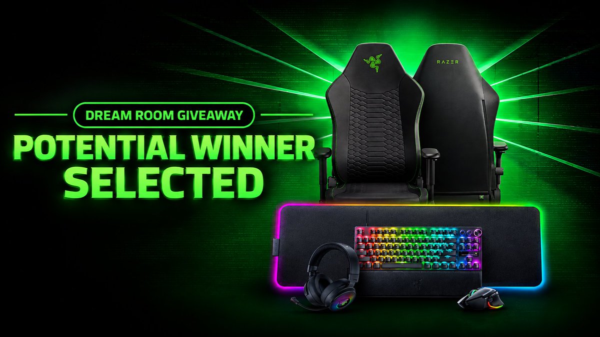 RazerStore's tweet photo. The Dream Room Giveaway has a potential winner!👀

A potential winner from San Diego has been selected and notified, so check your email! Stay tuned for more details once verification is complete. https://t.co/VNhxTnKVkA