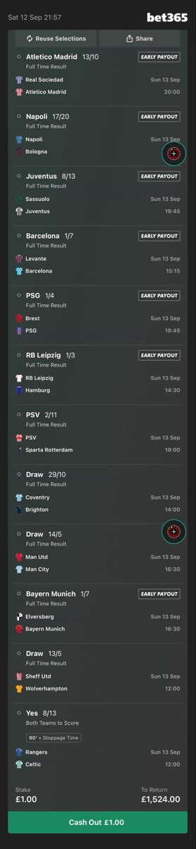 NickGJ1989's tweet photo. Next up is my 12-fold long shot at a whopping 1572/1! 😮‍💨🔥

A combination of some of the European favourites, along with a few potential draws from the UK fixtures 👀⚽️

It’s a huge one… surely it’s worth a £1?

Add To Your Bet Slip - https://t.co/trM0iPRH4a https://t.co/0g6AkzFEYo