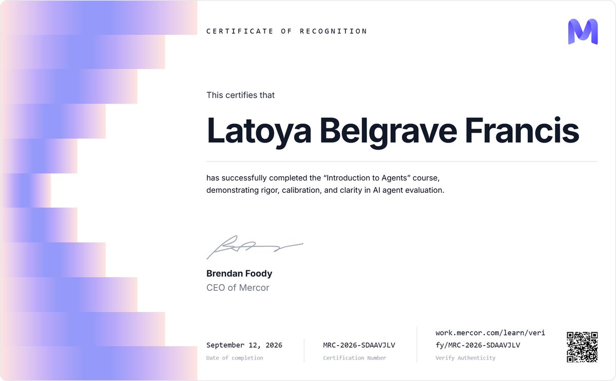 lnbelgrave's tweet photo. I’m happy to share that I’ve obtained a new certification: Introduction to Agents from @mercor!
https://t.co/Pn0MnXHzgY https://t.co/km5Pn59elQ