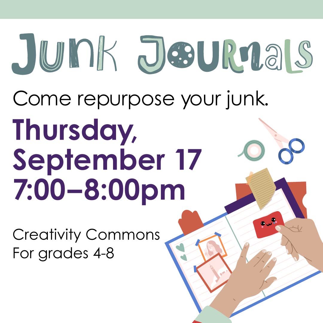 friscolibrary's tweet photo. Repurpose your old scraps and create your own junk journal! Join us Thursday, September 17, from 7:00–8:00pm.
Open to tweens in grades 4–8.
https://t.co/mhCIUL8kEe
#JunkJournaling #CraftNight #UpcycleArt #DIYJournals #TweenEvents #FriscoTweens #LibraryPrograms https://t.co/Yu5vA5XWw5