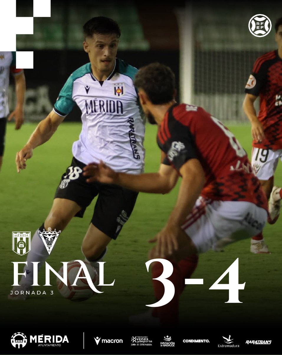 Merida_AD's tweet photo. ❌ Final en el Romano. Partidazo entre dos equipazos. Lo dimos todo hasta el final. ¡Cabeza arriba romanos! 

@Merida_AD 3-4 @CDMirandes 

⚽️ Sofiane
⚽️ Jay
⚽️ Jota 

#MéridaMirandés https://t.co/dyQvd99iel