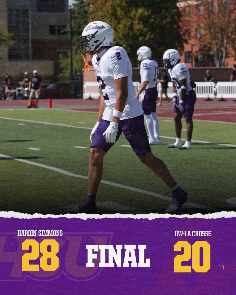 HSUAthletics's tweet photo. Cowboys Win! Hardin-Simmons defeats UW-La Crosse 28-20. It marks the fourth consecutive win against a team from the WIAC, all on the road. 

@ASC_Sports @FloCollege
#d3fb https://t.co/vhX0wwutYW