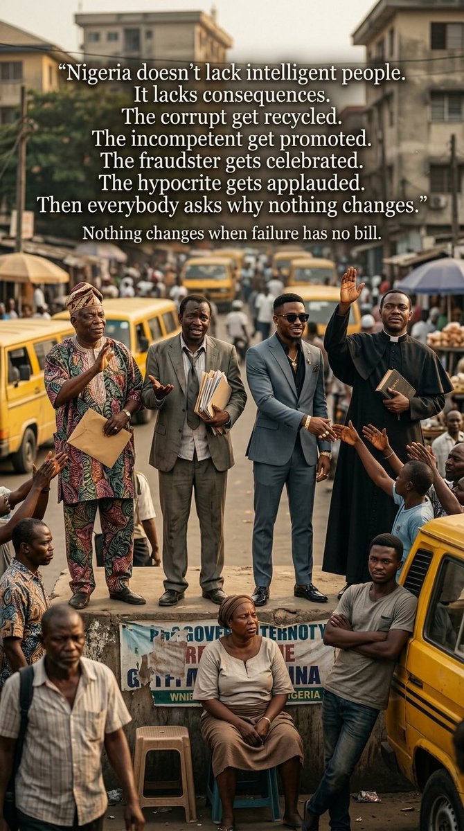 Santa_0z's tweet photo. Nigeria doesn’t lack intelligent people.
It lacks consequences.
The corrupt get recycled.
The incompetent get promoted.
The fraudster gets celebrated.
The hypocrite gets applauded.
Then everybody asks why nothing changes.
Nothing changes when failure has no bill. https://t.co/O6smNTLAe8