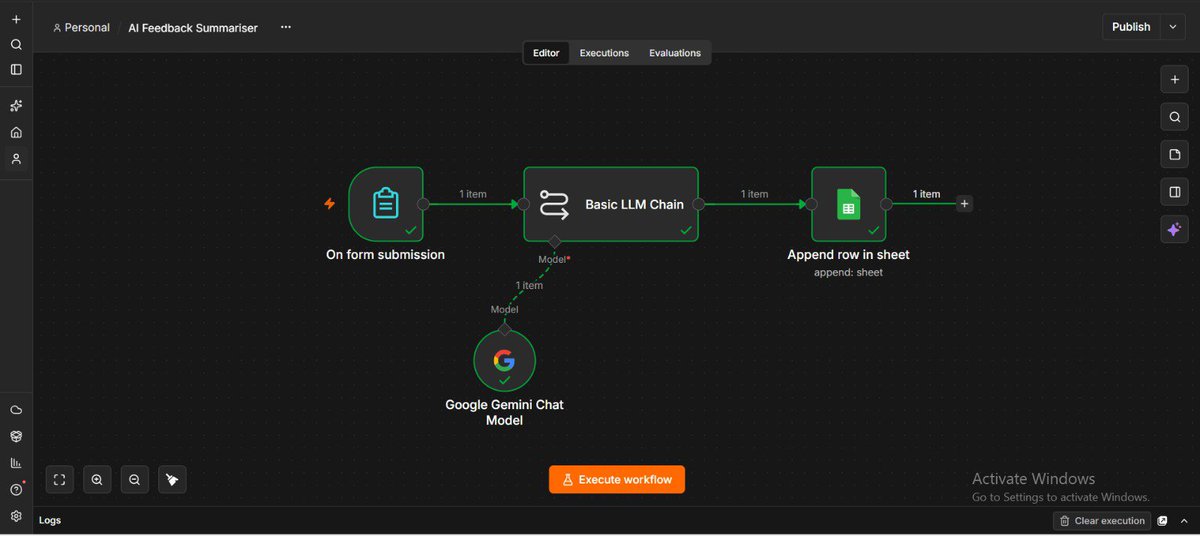 EmmanuelMartia's tweet photo. Day 5
Learnt how to build my first AI automation that will be doing an AI feedback summarize using https://t.co/bBWqdwK6op 
Sincere gratitude to @HavilahAcademy, week 1 was a success 😊
#Havilahacademy #day5 #SIWES #AI #Automation #N8N https://t.co/7T1kayFWoG