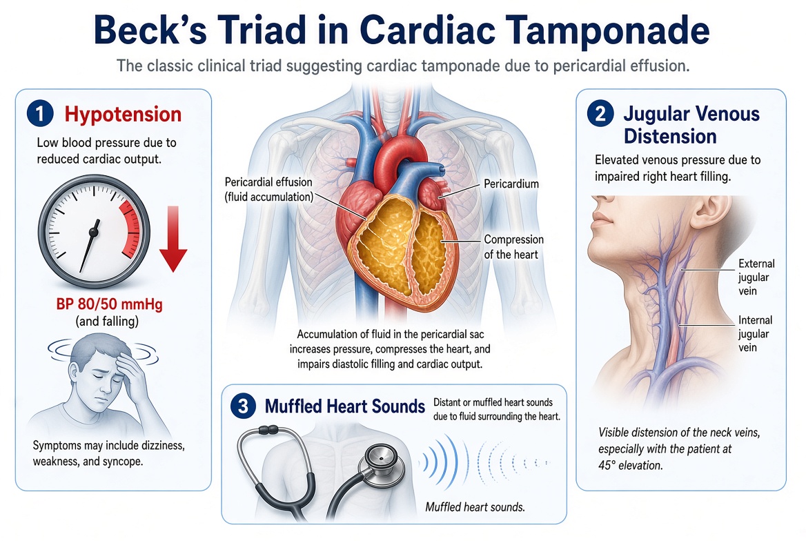 afpuganda's tweet photo. Beck's triad in cardiac tamponade:
1. Hypotension
2. Jugular venous distension
3. Muffled heart sounds https://t.co/j4tsYnAK5z