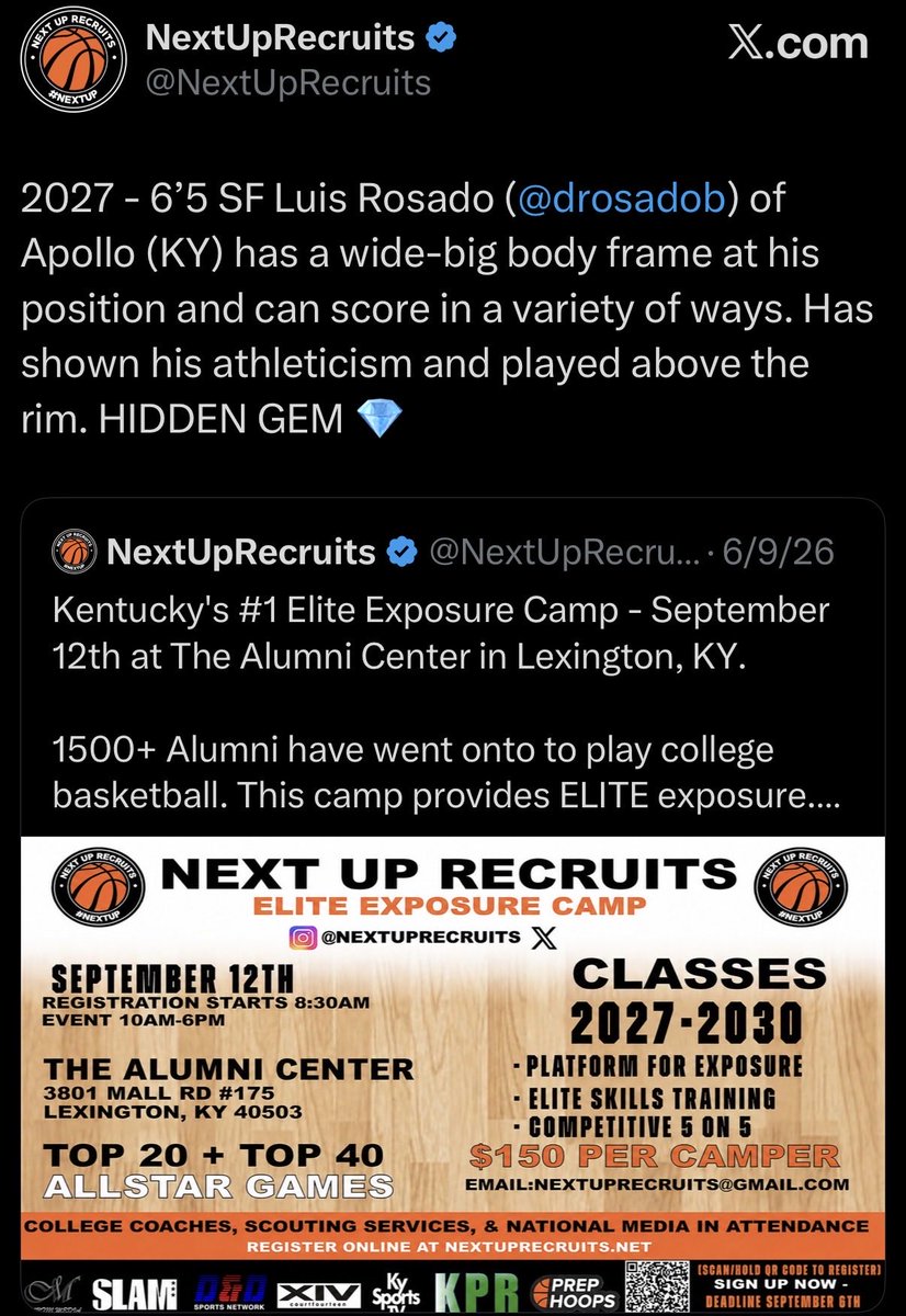 rynetinsley11's tweet photo. Big day for @CarlosJ1865837 and @drosadob at @NextUpRecruits camp. A special S/O to Pikeville, Cumberlands, and Campbellsville that expressed interest in both student athletes. Also, to Brescia that expressed interest in Luis. They finished 3-0 in game play! They impact winning! https://t.co/mQGUWdWNCQ