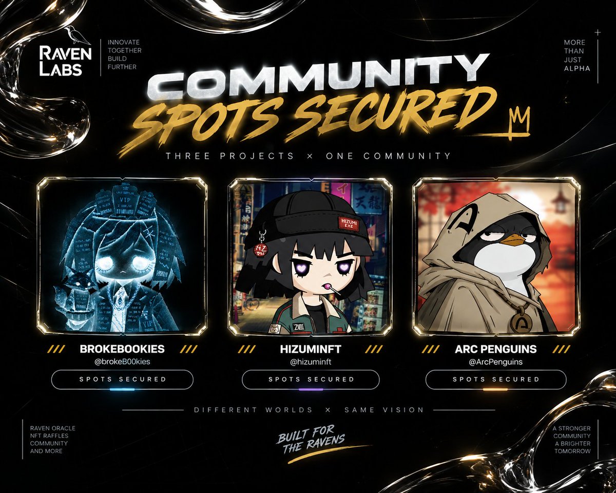 0xjpegwin's tweet photo. Few WLs secured for the community 🐦‍⬛

@brokeb00kies   
@hizuminft 
@arcpenguins  

Been keeping an eye on these for a while and managed to get some spots for you guys.
Will drop the details soon 👀

Follow + turn on notis for @RavenOracle_ 

Raven Oracle is just getting started. https://t.co/9184h0EJHF