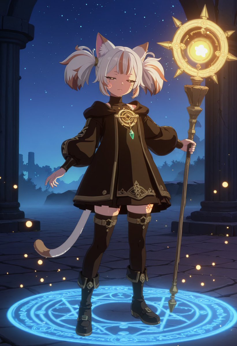 kkmainuser's tweet photo. 星明かりの下、魔法陣の光を纏いながら静かに杖を構える猫耳の少女。眠たげな瞳とは裏腹に、その佇まいには凛とした魔力が宿っている。

生成プロンプトはこちらです。

1girl, solo, cute, kawaii, full body, (staff raised:1.4), (casting spell:1.3), witch, spellbook, engraved gold filigree, crystal pendant, arms outstretched, standing, serious, parted lips, narrowed eyes, looking at viewer, thighhighs, dress, soft light rays, brown eyes, sharp eyes, streaked hair, twintails, cat ears, cat tail, fair skin, rosy cheeks, tattoo, solo, tired, half-closed eyes, closed mouth, magic circle, glowing runes, floating arcane symbols, swirling energy particles, ancient stone ruins, mystical fog, starry night sky, crumbling pillars, scattered magic sparkles, moonlight beams, dark forest silhouette, floating embers

#AIイラスト #AIart #StableDiffusion #魔法使い